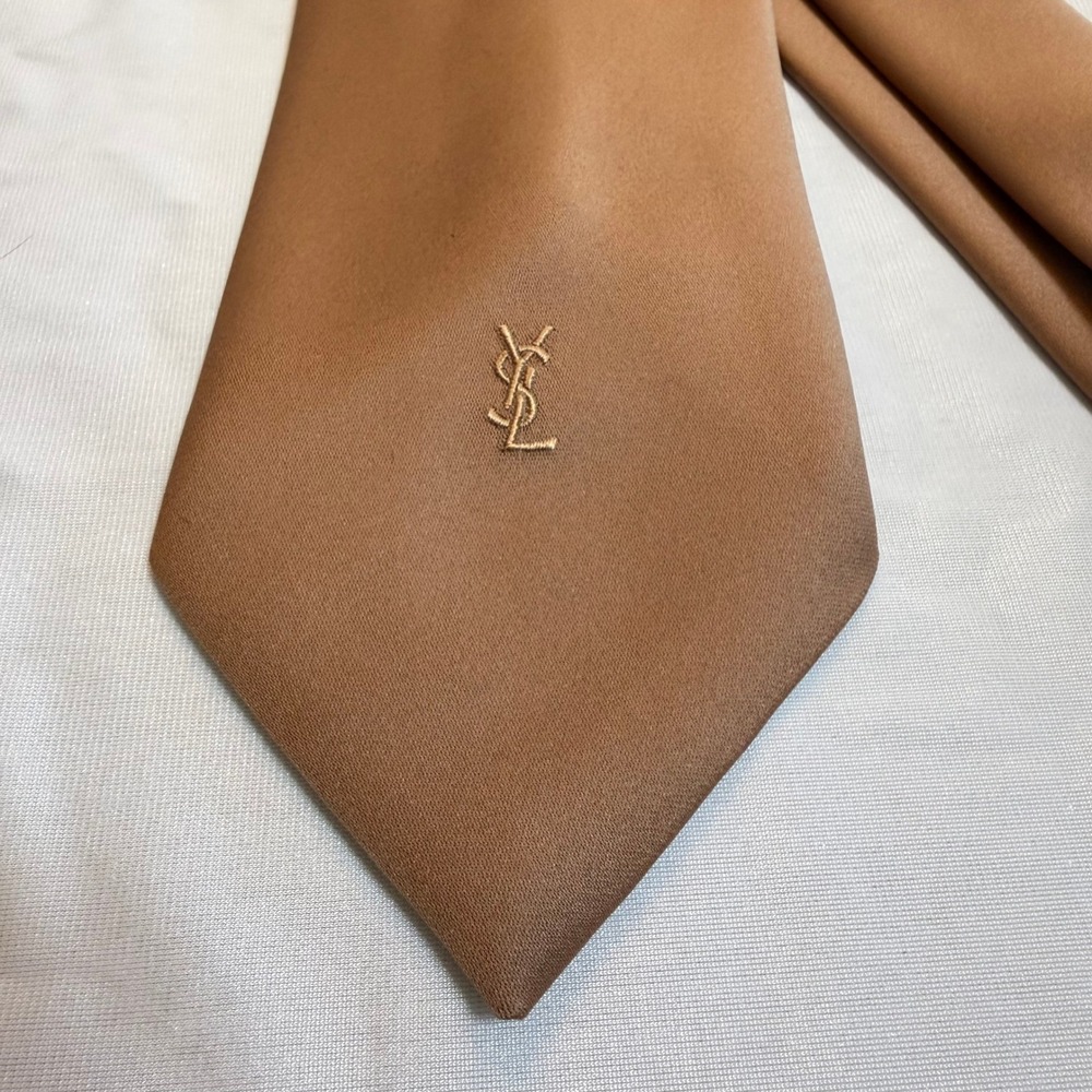 Yves Saint Laurent Tie Mens OS Classic Tan Solid Embroidered Logo Vintage Silk
